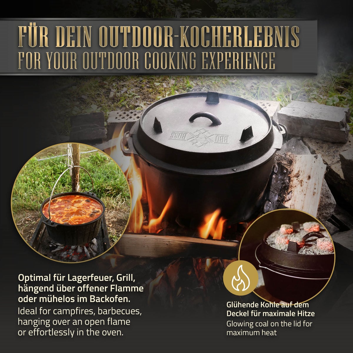 BBQ#BOSS Dutch Oven Set BBQ 13,6 liter, gekruide gietijzeren vuurpot, kookpot met deksellifter en roestvrijstalen onderzetter, ovenschaal met gleuf voor thermometer, grillpan voor buiten- en binnengebruik