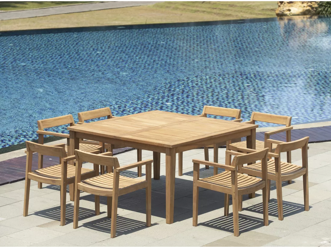 Salle à manger de jardin en teck : 1 table carrée + 8 fauteuils - Naturel clair - ALLENDE de MYLIA