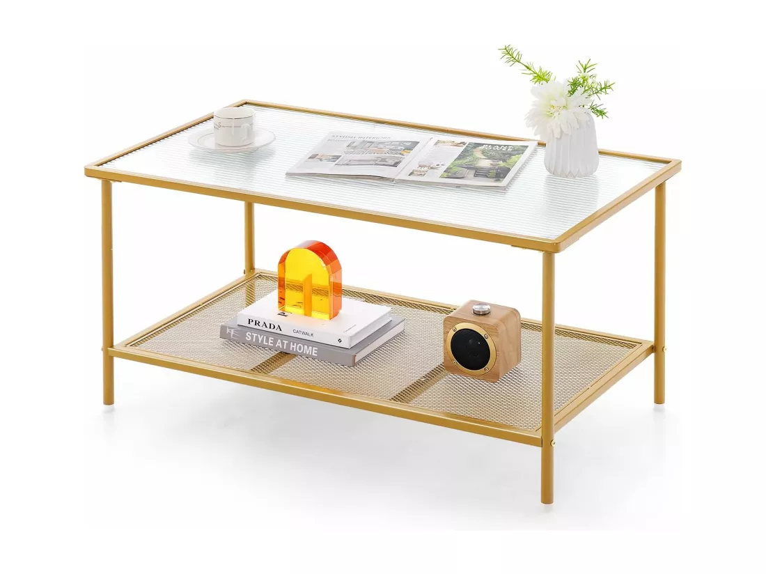 Table Basse Rectangulaire, Table Basse Verre avec Étagère en Maille, Cadre en Métal Doré, Design Moderne, Table Salon, Assemblage Facile, 90 x 50 x 46 cm