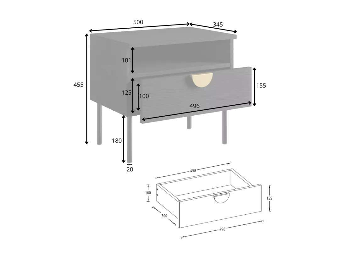 Lot de 2 tables de chevet avec 1 tiroir - Coloris : Noir et doré - NATANIEL