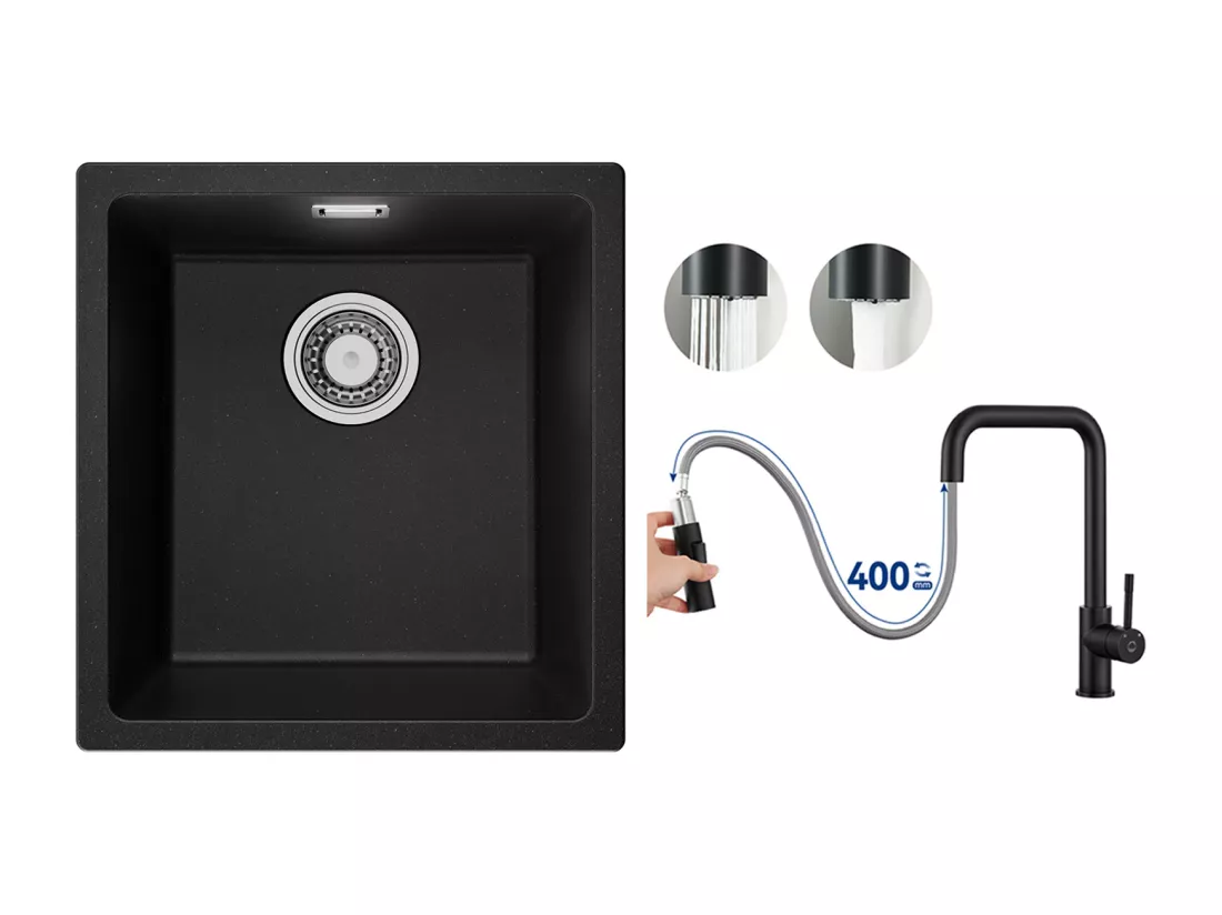 Evier 1 Bac en Quartz et Résine, 3 Options de Montage, 40*44*20cm + Mitigeur avec Douchette Extractible, Noir