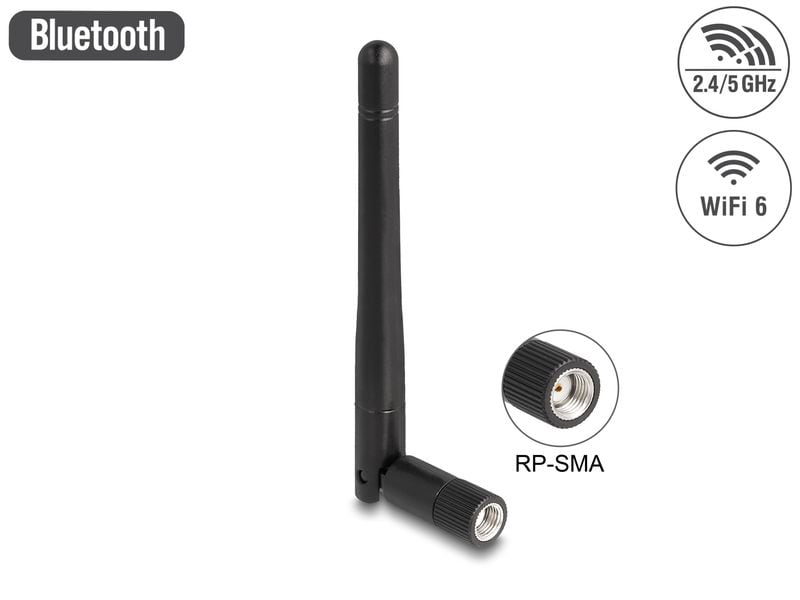 Delock WLAN-Antenne 802.11 ac/ax/a/b/g/n RP-SMA 2 dBi Runds Delock WLAN 802.11 ac/ax/a/b/g/n Antenne RP-SMA Stecker 2 dBi omnidirektional mit Kippgelenk schwarz
