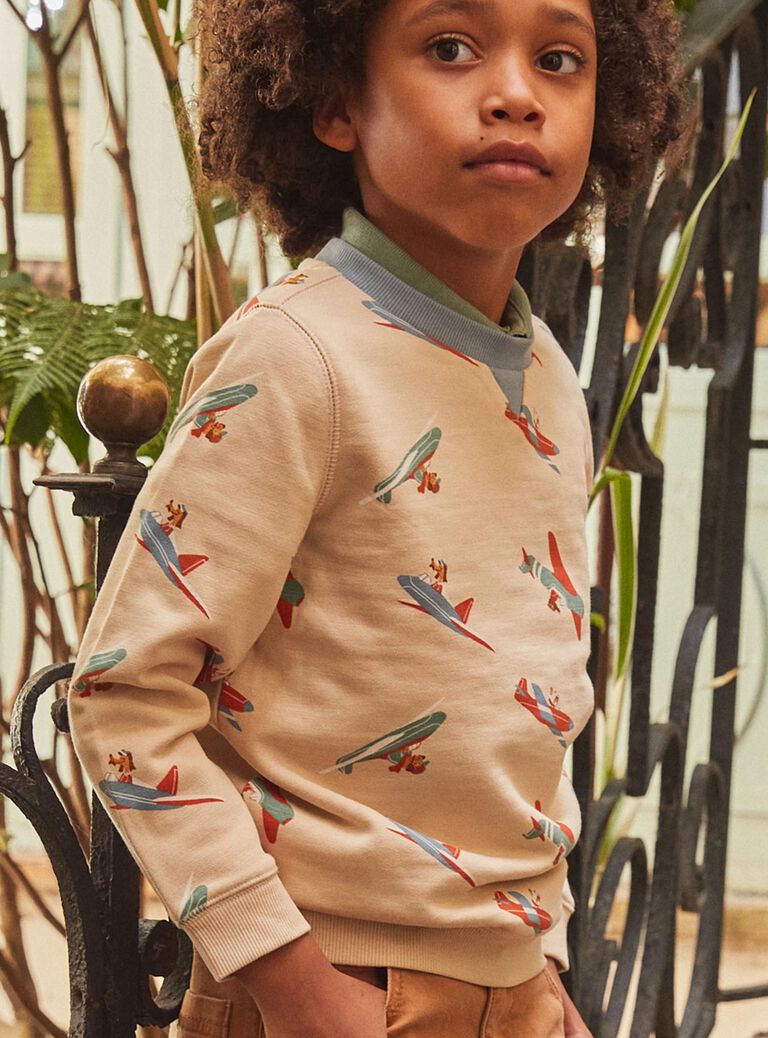 Sweat beige clair en molleton à imprimé avions