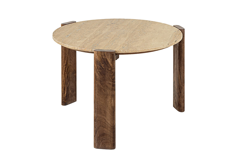 Runder Couchtisch GATSBY 70cm braun Mangoholz mit echtem Travertin