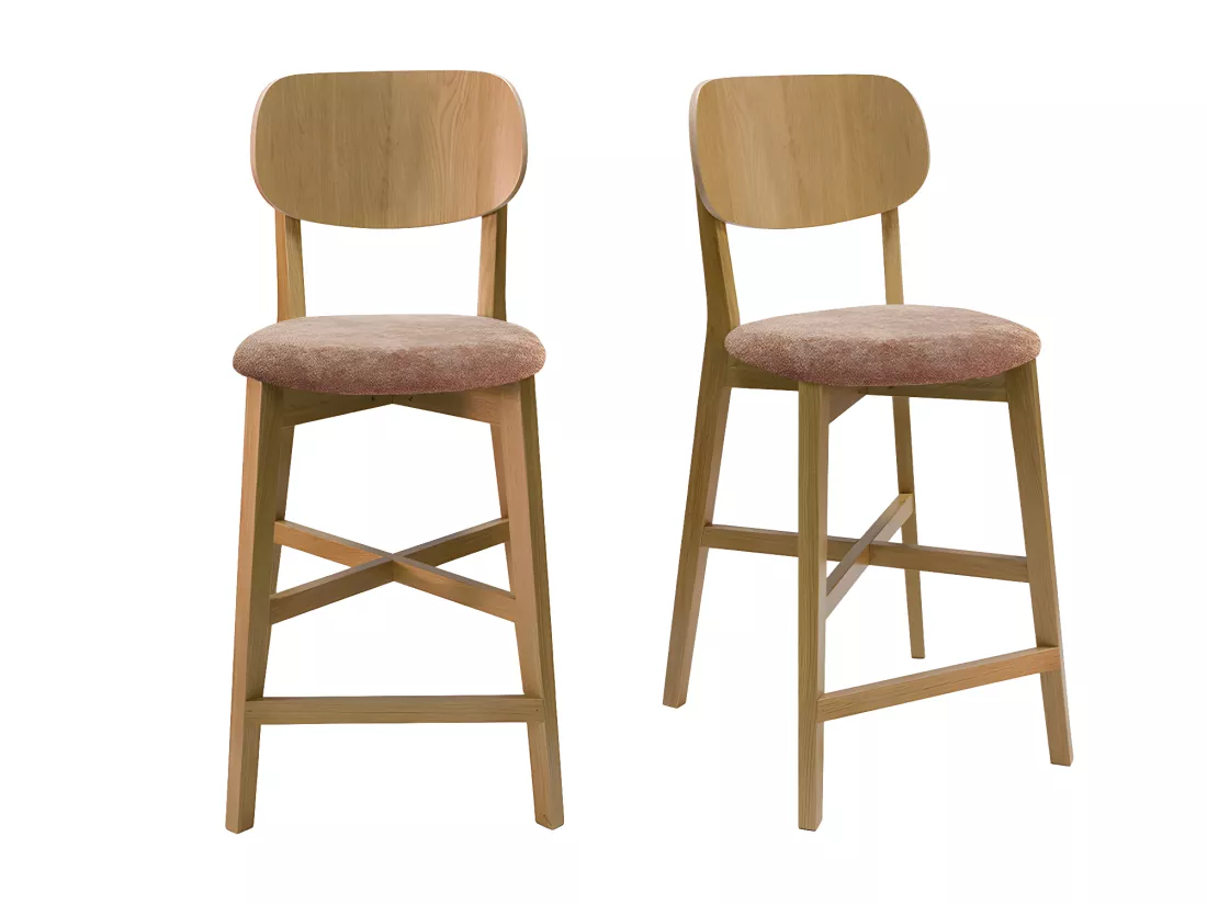 Tabourets de bar en bois clair chêne et tissu effet velours terracotta H65 cm (lot de 2) LUCIA