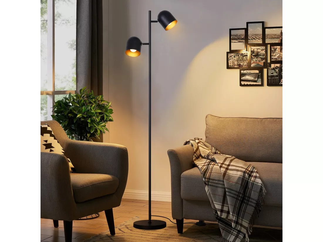 NETTLIFE Lampadaire 2 Ampoules Noir Doré Métal E14 Rétro Industriel Lampadaire