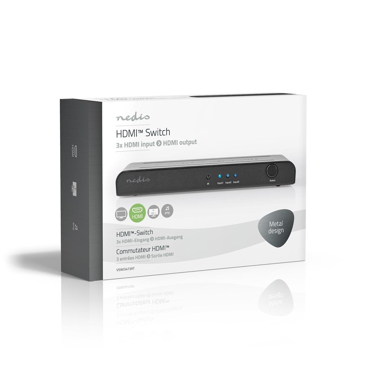 Nedis HDMI ™ Switch | 3-Port port(s) | 3x HDMI™ Inngang | 1x HDMI ™ -utgang | 4K@60Hz | 18 Gbps | Fjernstyrtkontrolert | Metall | Antrasitt