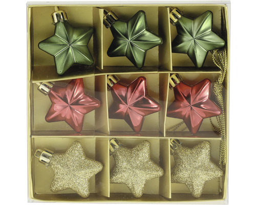 Kerstversiering, sterren, 9 stuks, 4,5 cm, rood, groen, goud