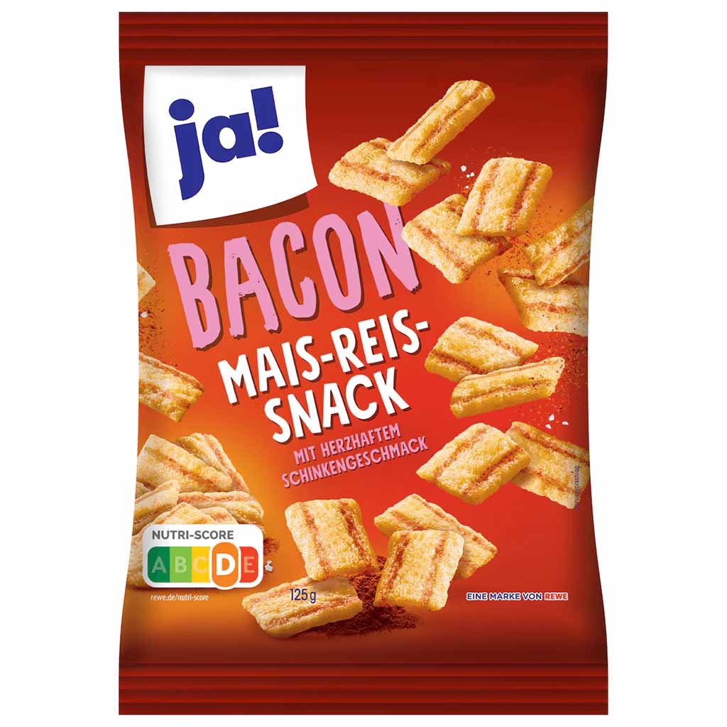 ja! Bacon Mais-Reis-Snack Schinkengeschmack 125g MHD:17.5.25