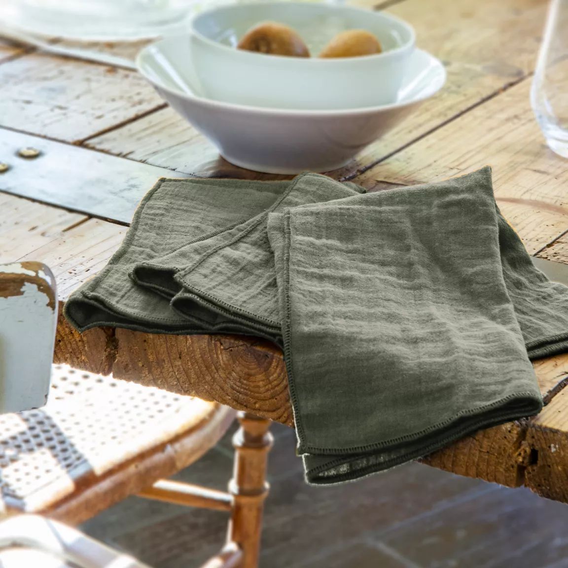 Lot de 3 serviettes gaze de coton (40 x 40 cm) Gaïa Vert romarin