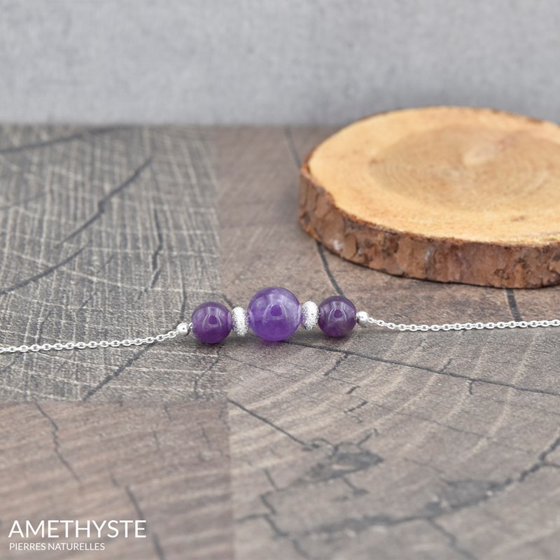 Collier ras de cou en argent 925 et pierres naturelles Améthyste