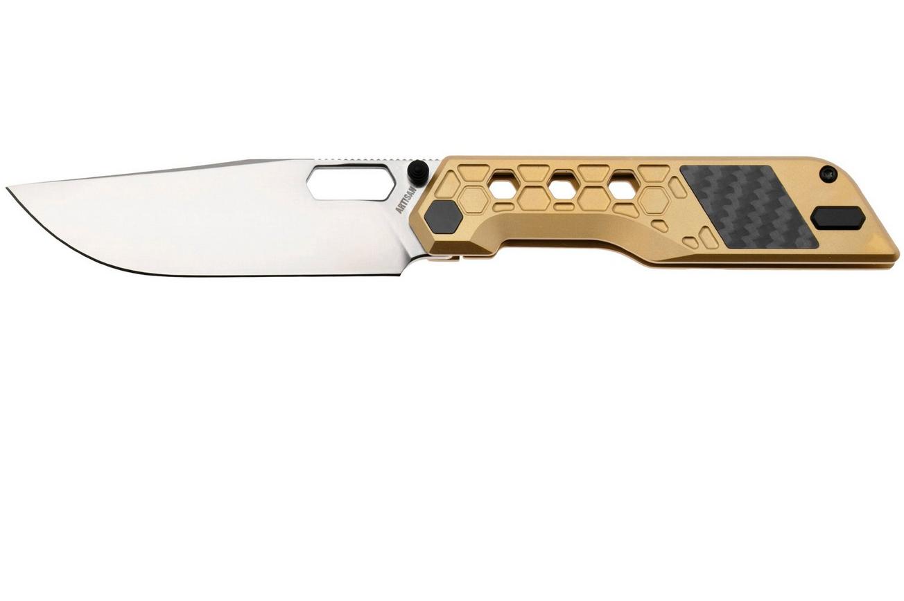 Artisan Cutlery Beest 1878G-GL, Satin CPM S35VN, Gold Titanium, Black Carbon Fiber Inlay zakmes