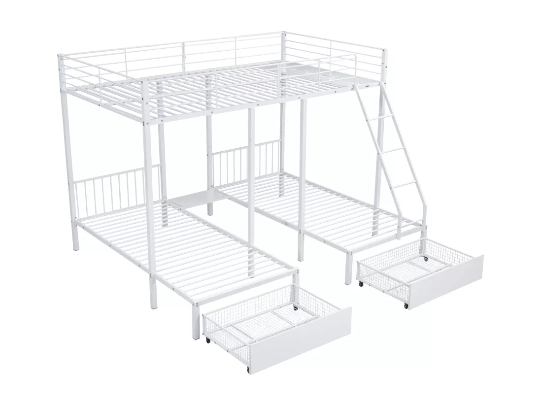 Lits superposés triple avec 2 tiroirs - lit double 140 x 200 cm et 2 lits simples 90 x 200 cm - métal - blanc