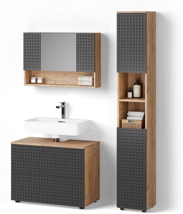 Livinity Badmöbel-Set Ronco, Anthrazit gepunktet, 3 Teile, mit Spiegelschrank 80 cm