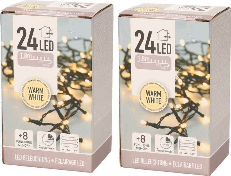 2x stuks kerstverlichting met timer 20 warm witte lampjes op batterijen - Lichtsnoer transparant met 20 leds