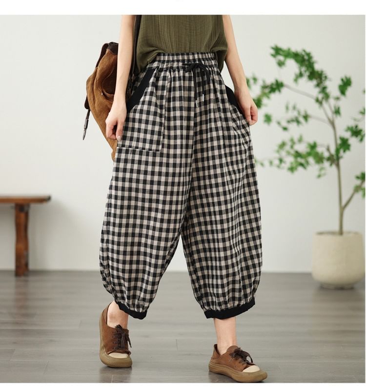 Lewwe - Geruite cropped harembroek met trekkoordtaille