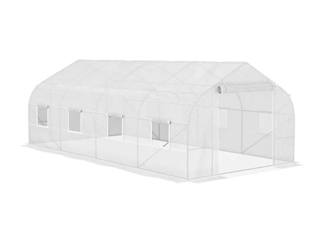 Serre tunnel grande taille 17,85 m² châssis tubulaire acier galvanisé renforcé 2,4 cm 8 fenêtres 1 porte blanc