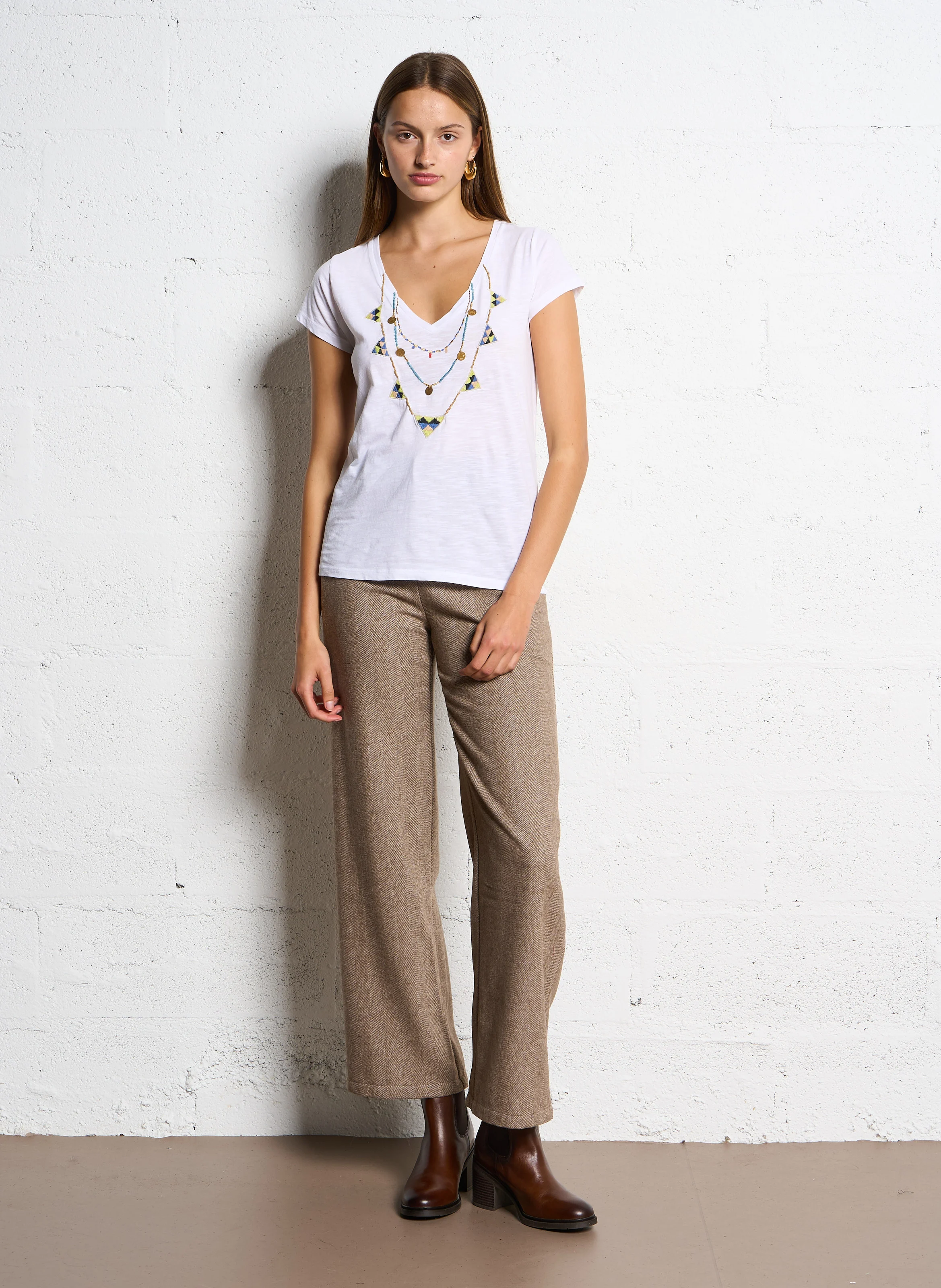 PHOEBE - Pantalon droit en laine mélangée | Marron