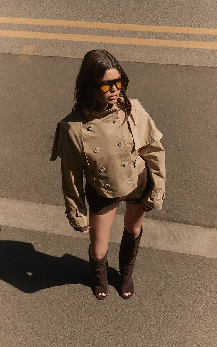 Beige Trench Court Col Montant Avec Détail Cape