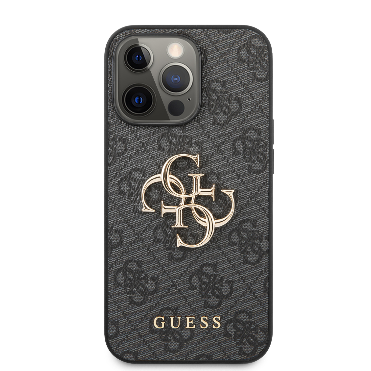 iPhone 13 Pro Leder Hardcase Hülle Metall Logo (GUHCP13L4GMGGR) - Grau / Gold