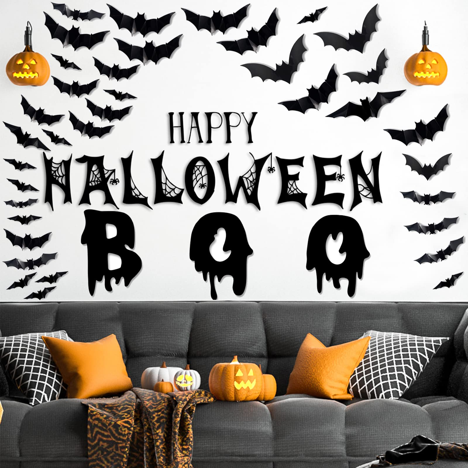 (84er Set) Halloween Party Deko Fenster Aufkleber Fledermäuse Wand Sticker mit Klebesticker - Schwarz