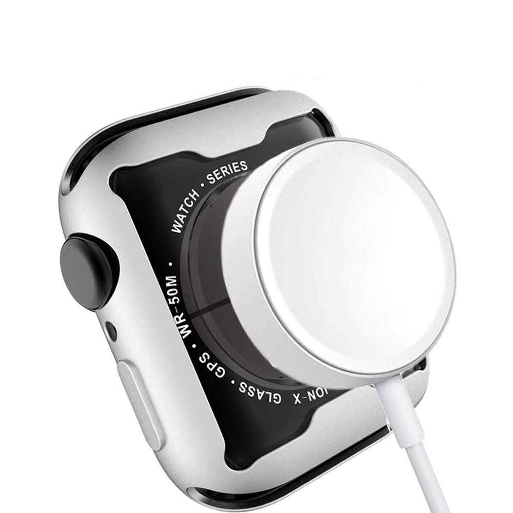 Apple Watch (44mm) Gummi Bumper Hülle mit Galvanisiertem Rahmen   Display Schutzfolie - Silber