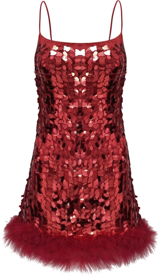 OW Collection LUNA Sequin Feather Dress Bordeaux