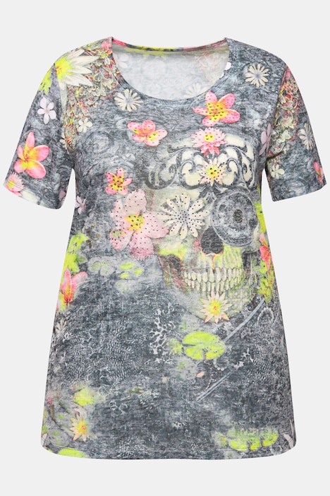 T-Shirt, verzierter Totenkopf, Rundhals, Halbarm