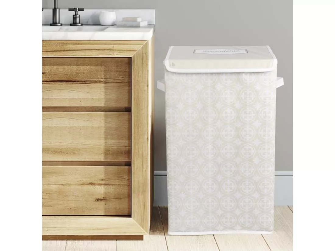Panier de linge en polyester BOMBAY pliable motif damassé beige