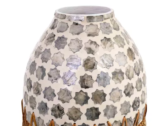 Vase en bois, capiz et rotin gris D25x59h cm
