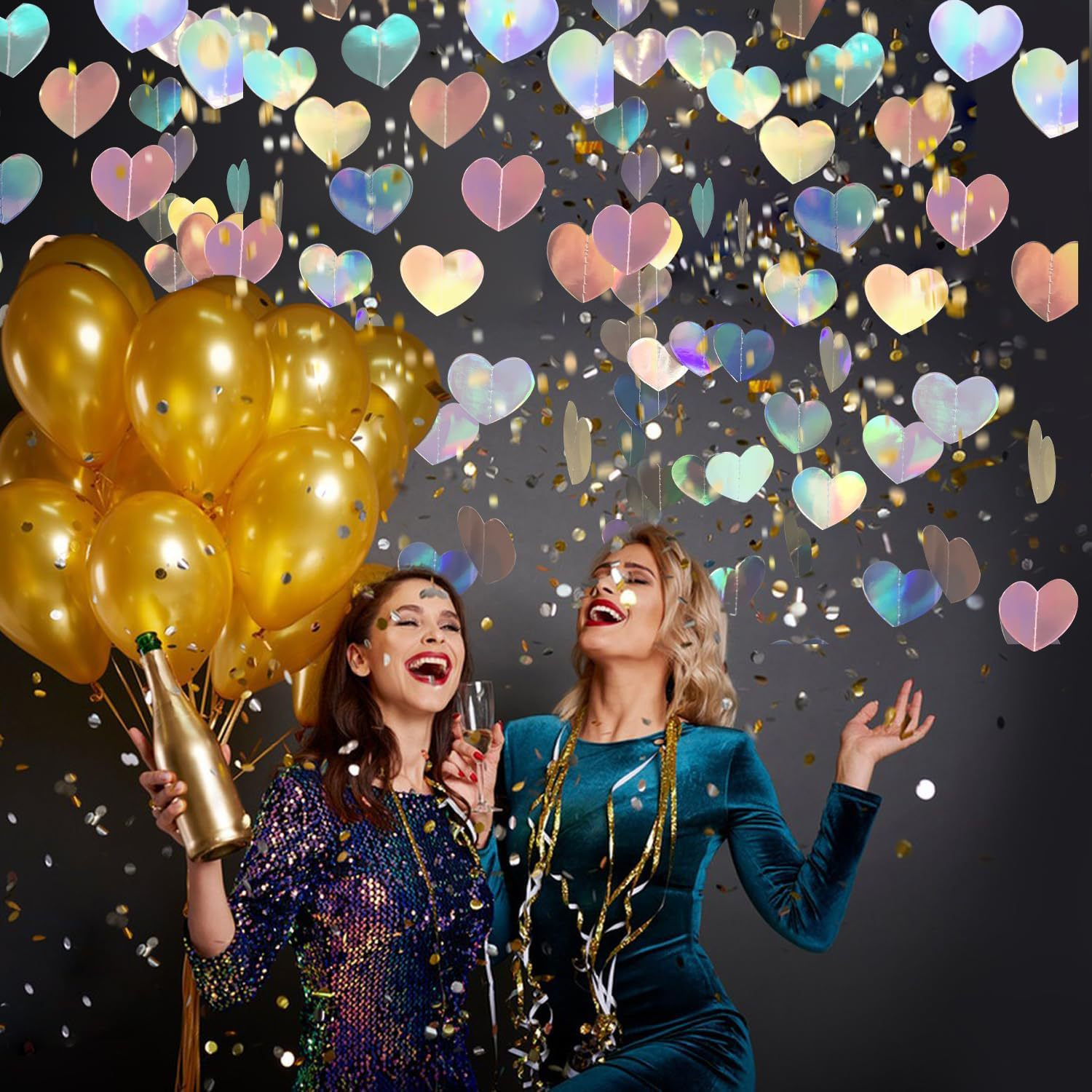 (2er Set) 200x5cm Holographische Herz Girlande Party Dekoration Accessoire Banner - Irisierend