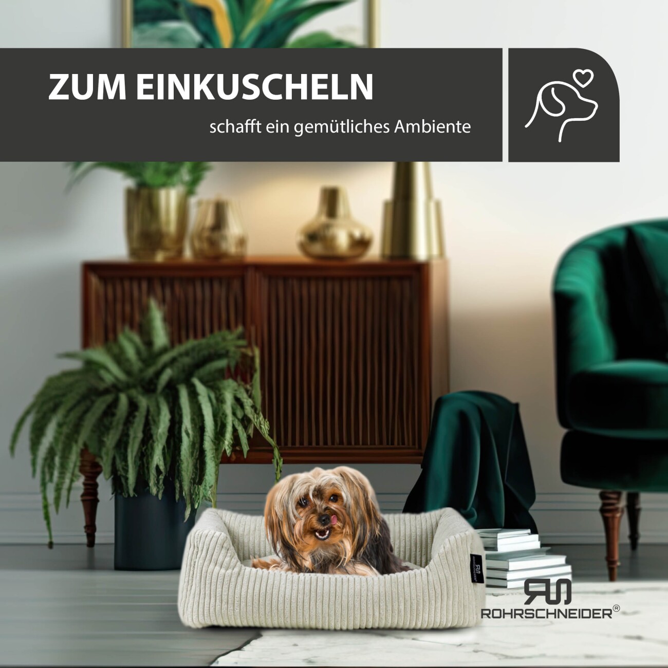 Rohrschneider ® Hundebett waschbar für kleine Hunde mit Hundekissen Cord (ca. 55x42 cm) inkl. Gassibeutel