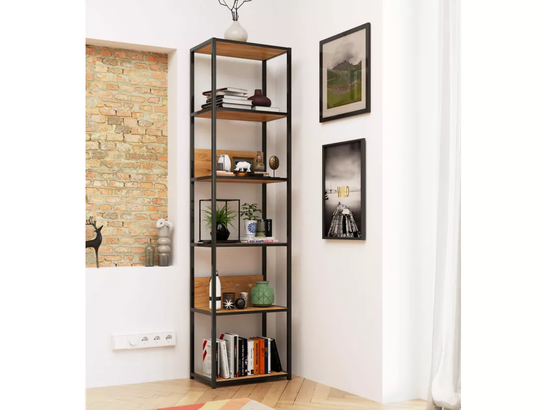 Étagère murale industrielle AKORD Noire - Chêne Craft 50 cm 6 étagères 50x32x192 cm