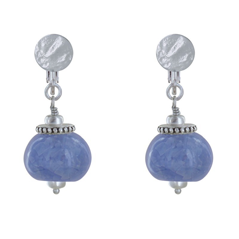 Boucles d'Oreilles Clip Métal Argenté et Grosses Perles en Céramique