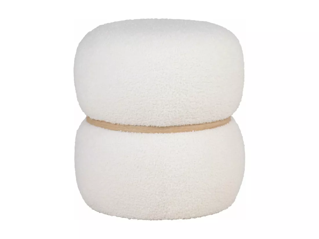 SNOVIK - Pouf Rond en Tissu Bouclé Blanc Ceinturé en MDF
