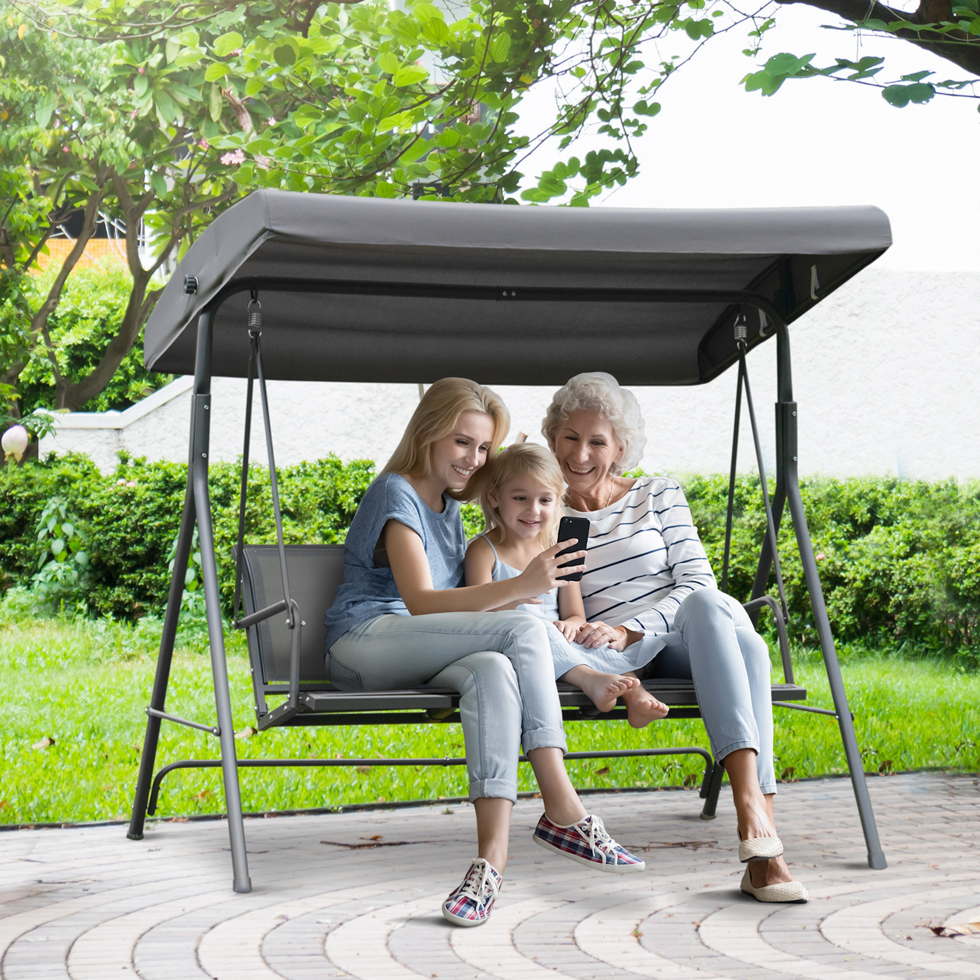 Cadeira de balanço de jardim Outsunny de 3 lugares com cobertura ajustável, encosto respirável e estrutura de aço para varanda, pátio ou terraço, 175 x 118 x 159 cm, cinza