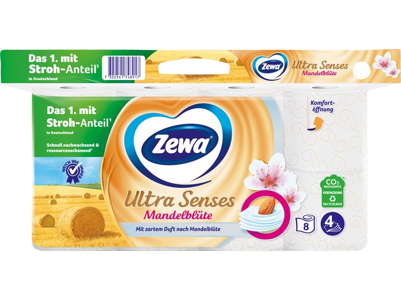Zewa Toilettenpapier Ultra Senses Mandelblüte 8 Rollen Weiches WC-Papier mit zartem Mandelblütenduft
