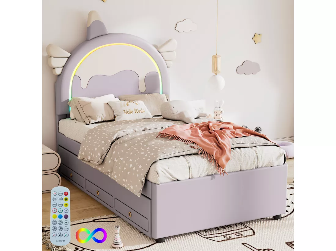 Lit gigogne 90 x 200 cm + 90 x 190 cm avec 3 tiroirs - Tête de lit en forme licorne - Similicuir - Violet