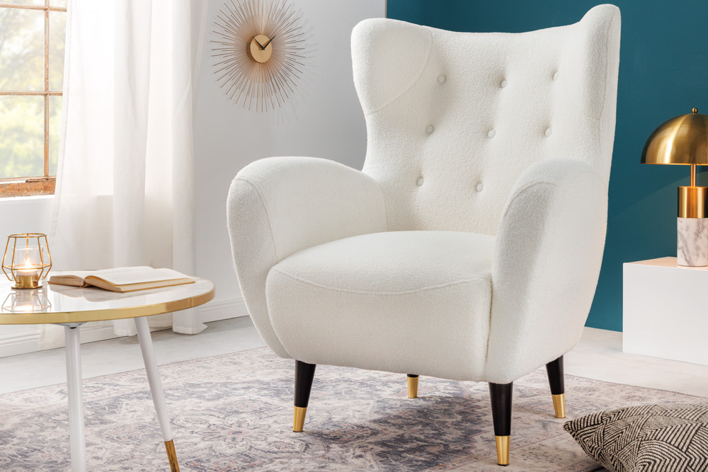 Retro Design Sessel DON weiß Bouclé Federkern goldene Fußkappen
