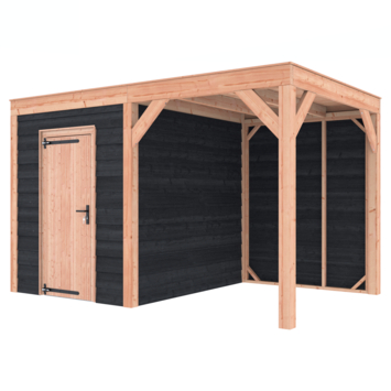 Tuinhuis met overkapping Douglas hout Zweeds rabat onbehandeld zwart 395 x 255 cm