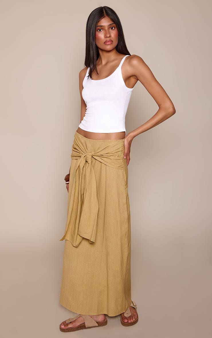Kaki Jupe Longue Portefeuille En Mélange Coton Lin Olive