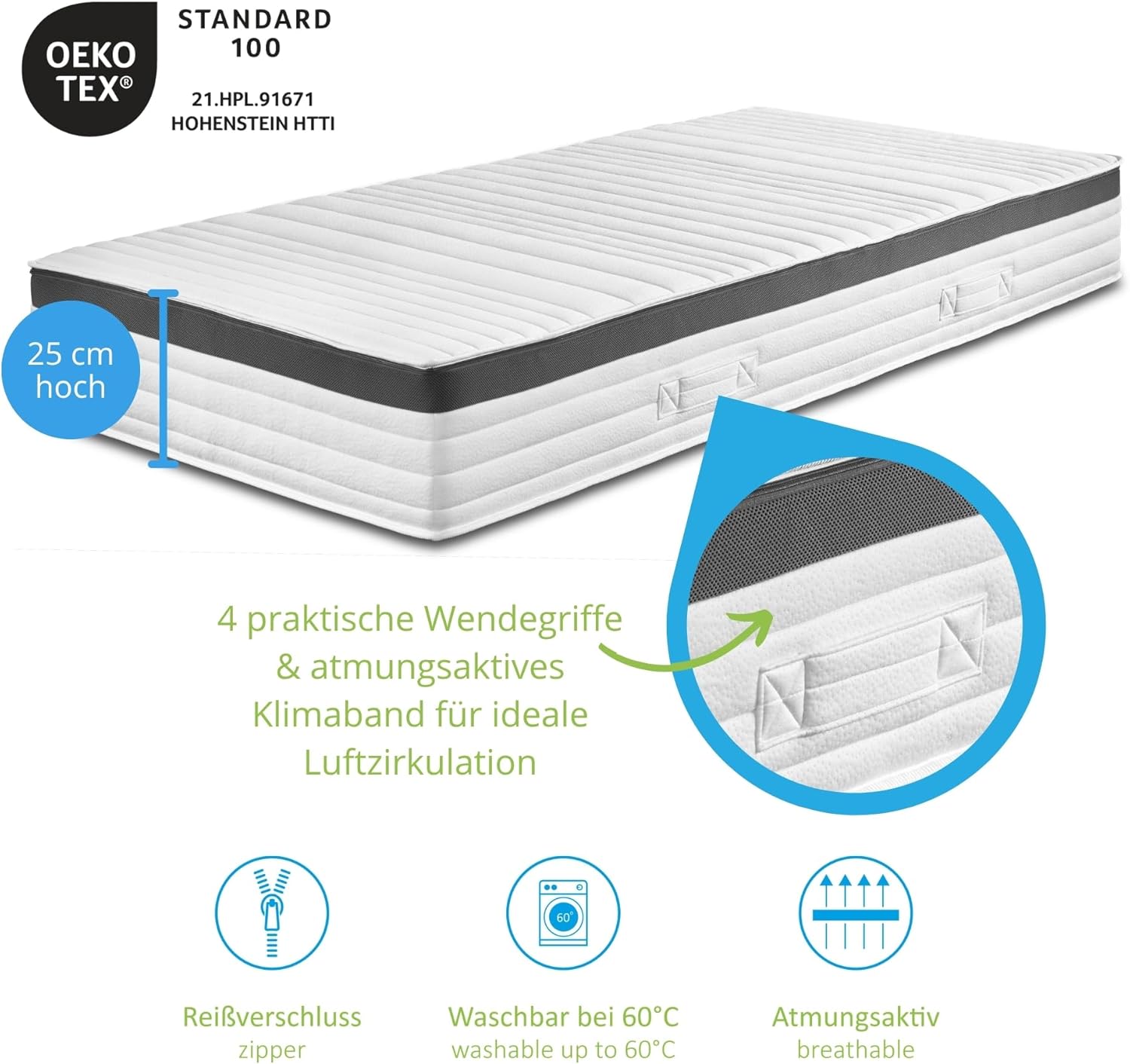 Bodyprotect Taschenfederkernmatratze Elite Line 90x200 cm, 1000 Federkern orthopädische Matratze Härtegrad H4 extra fest, Öko-Tex, ergonomische 7 Zonen Federkernmatratze, Höhe 25, Made in EU
