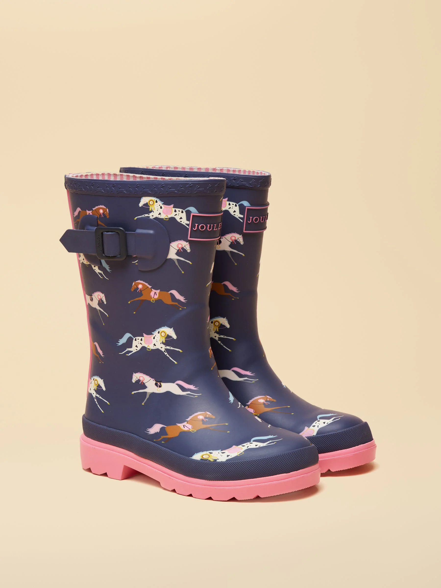 Navy & Roze Paard - Joules kinderregenlaarzen met print