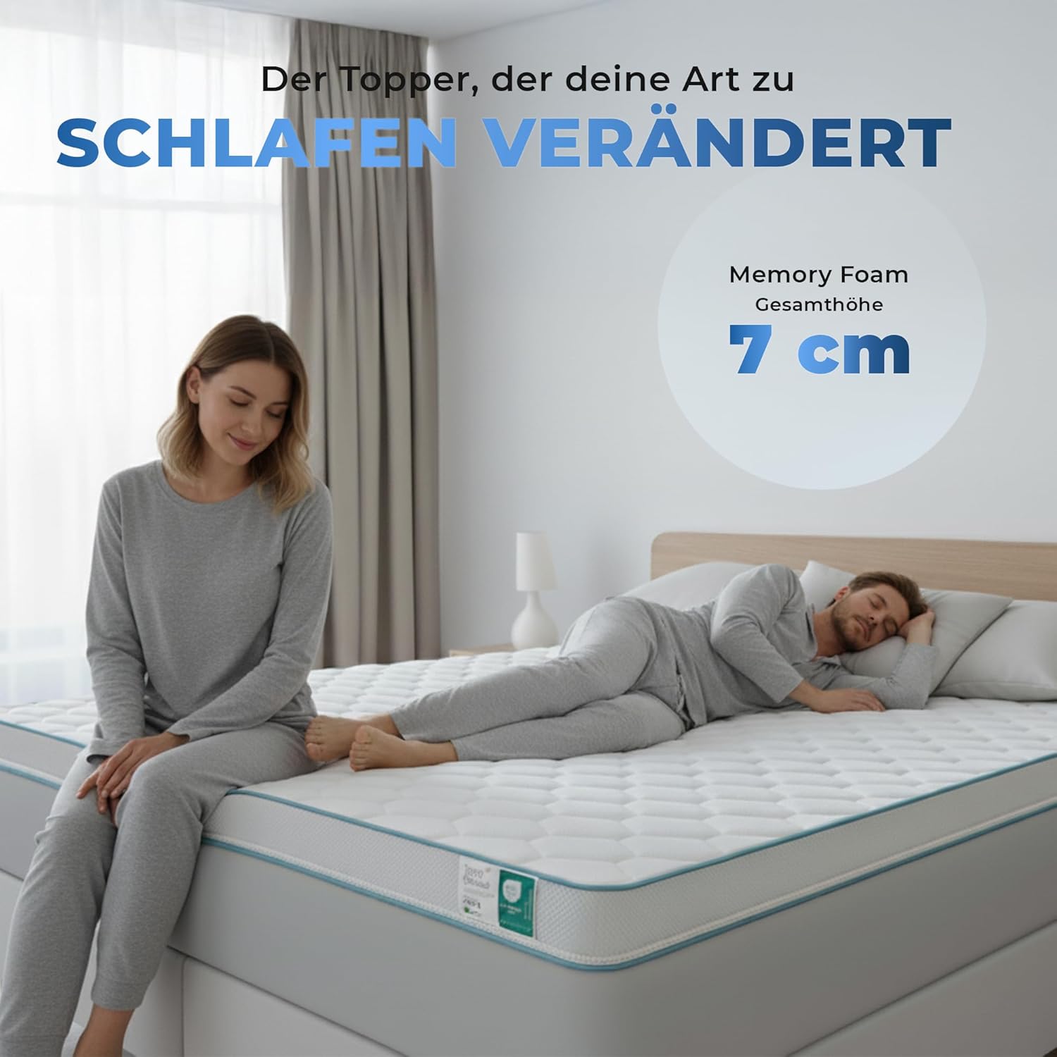Tesla Dreams Memoryschaum Topper 140x200 cm – Visco Matratzen Topper 7 cm – druckentlastend & ergonomisch – atmungsaktiv – ÖKO-TEX Zertifiziert – Abnehmbarer & waschbarer Bezug
