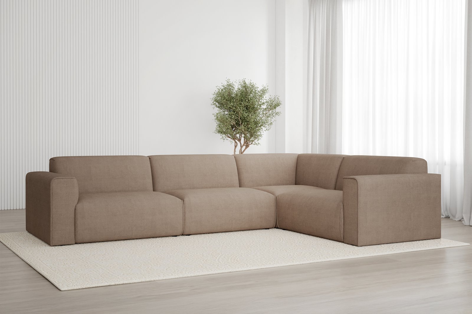 Monaco Lux hjørnesofa 3/1,5 hjørnesofa. Tekstil Fjord 4 Antilope med sorte ben. Lux komfort.