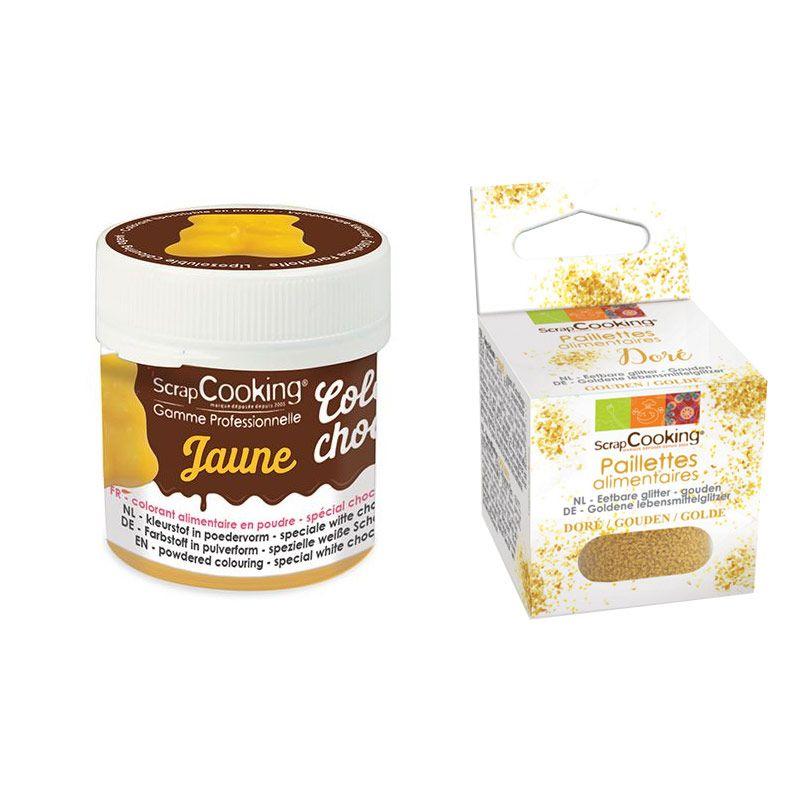 Colorant alimentaire liposoluble jaune + paillettes dorées Scrapcookin