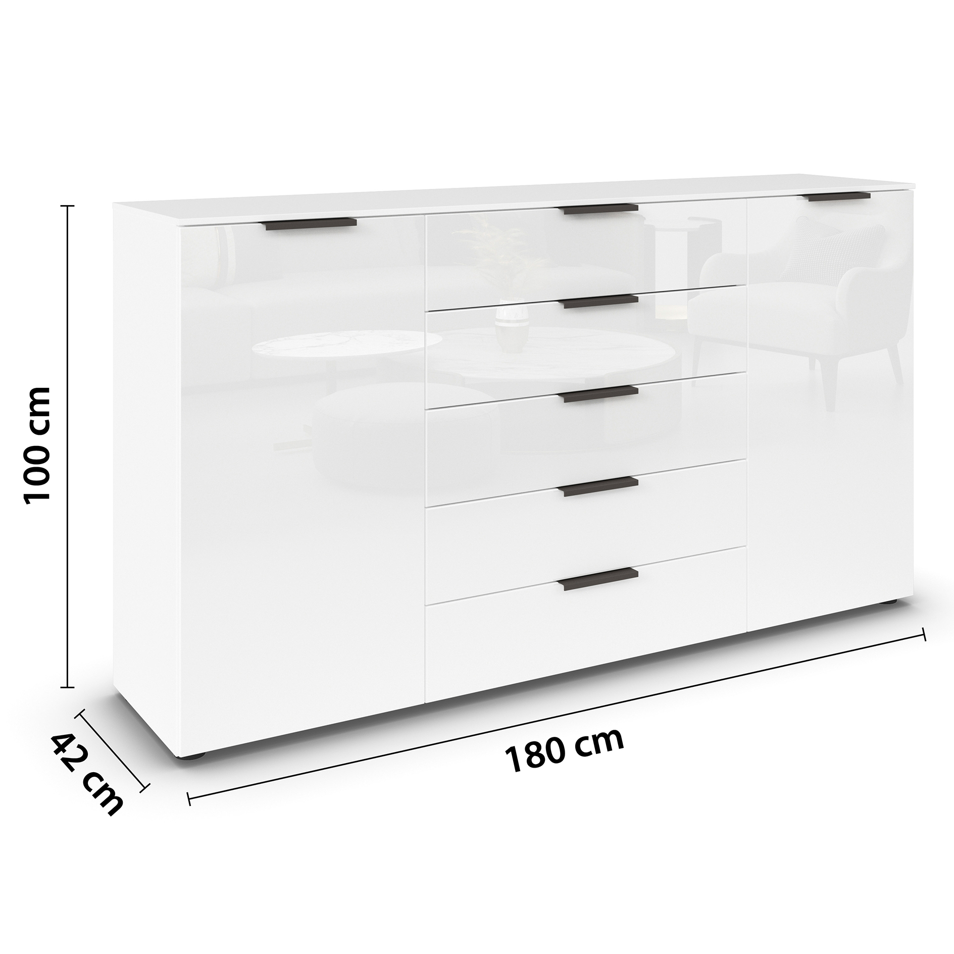 Kommode - alpinweiß-Kristallweißglas - Graphitgriffe - 180 cm