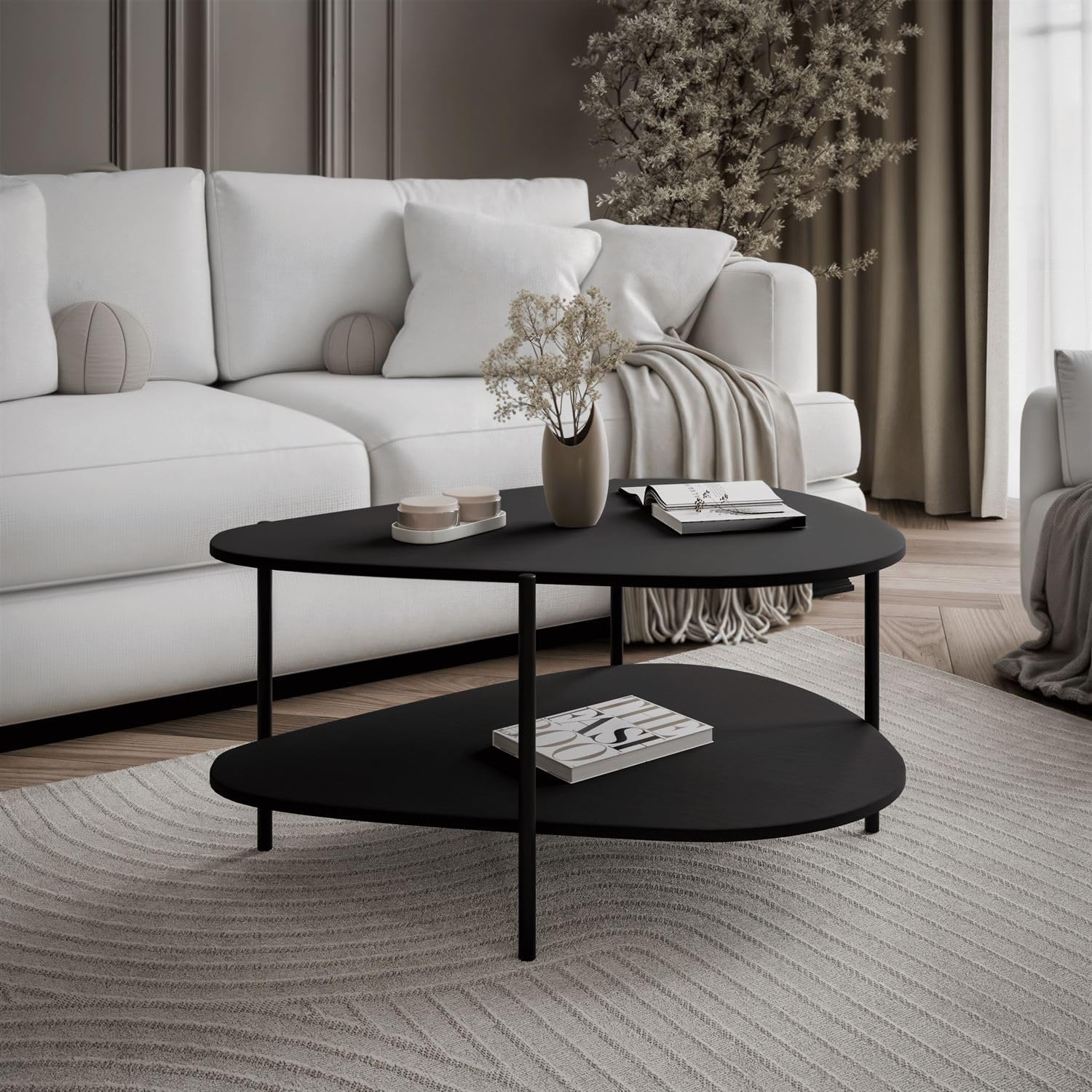 Lookway Couchtisch LUMI mit Ablage – Modernes Design, unregelmäßige Form, in Schwarz oder Kaschmir – Stilvoller Wohnzimmertisch (Schwarz)