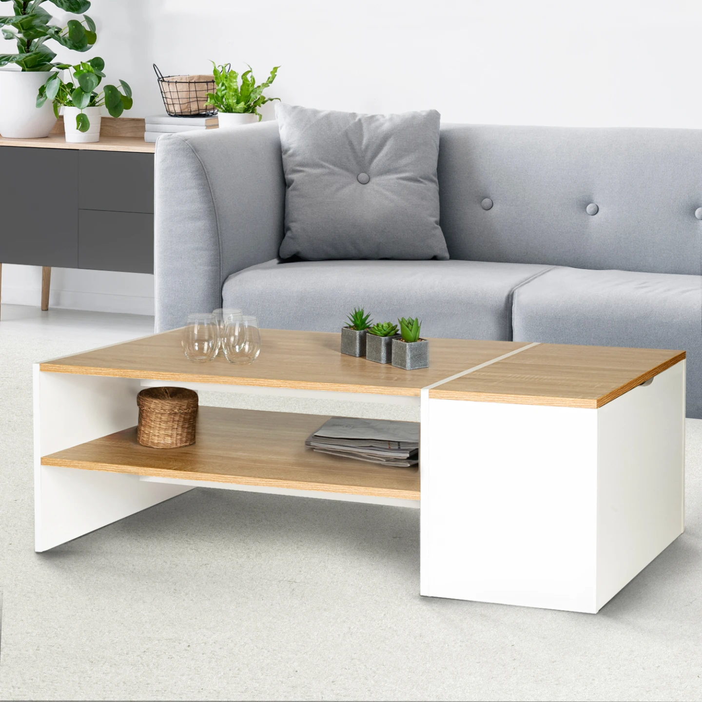Table basse bar contemporaine rectangulaire IZIA avec coffre blanc et plateaux bois