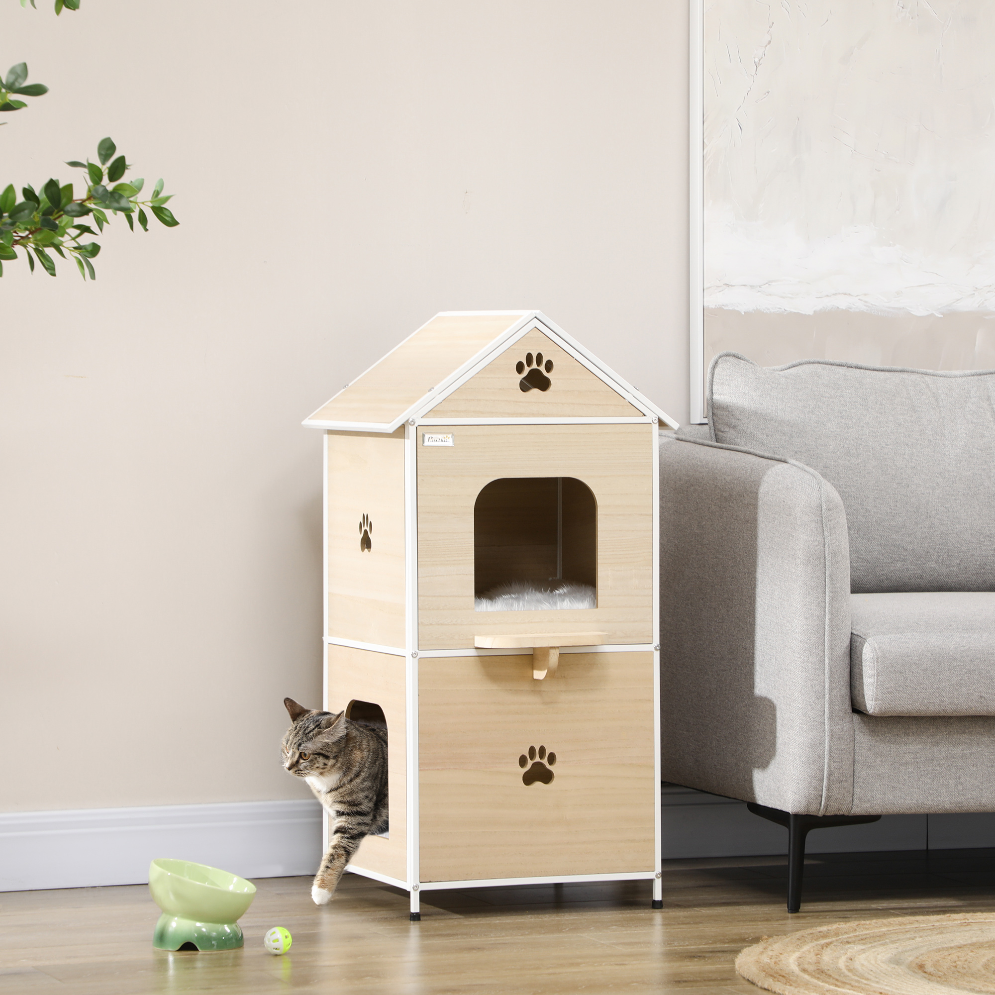 Casinha de madeira natural para gatos PawHut